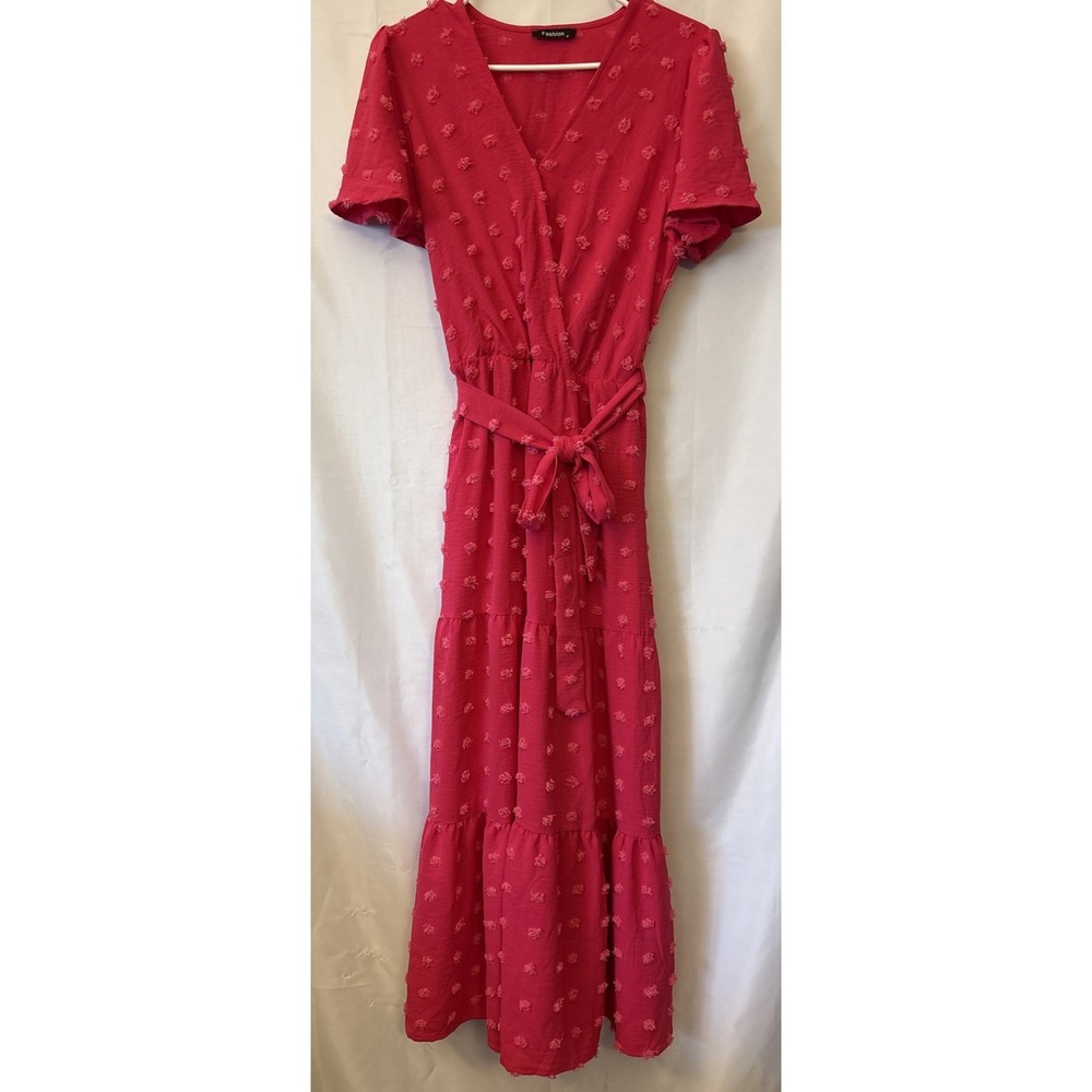 Hot‎ Pink Swiss Dot Tiered Faux Wrap Maxi Dress Boho Flutter Sleeve Size M